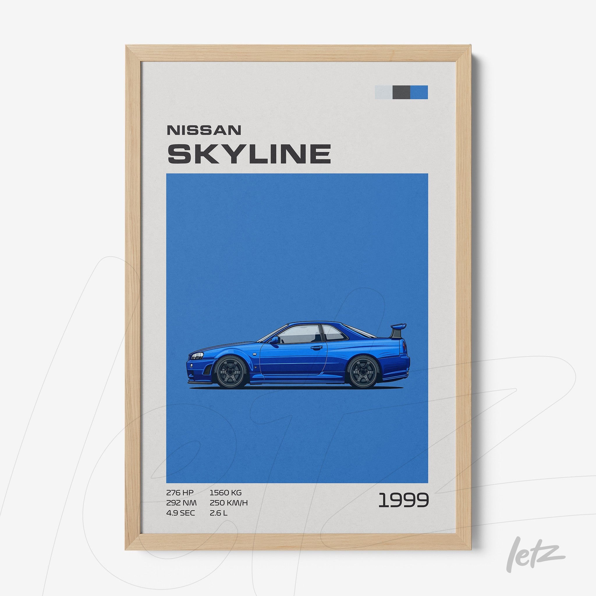 framed wall art featuring a digital illustration of a 1999 Nissan Skyline against a blue background