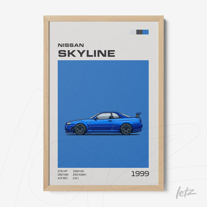 framed wall art featuring a digital illustration of a 1999 Nissan Skyline against a blue background