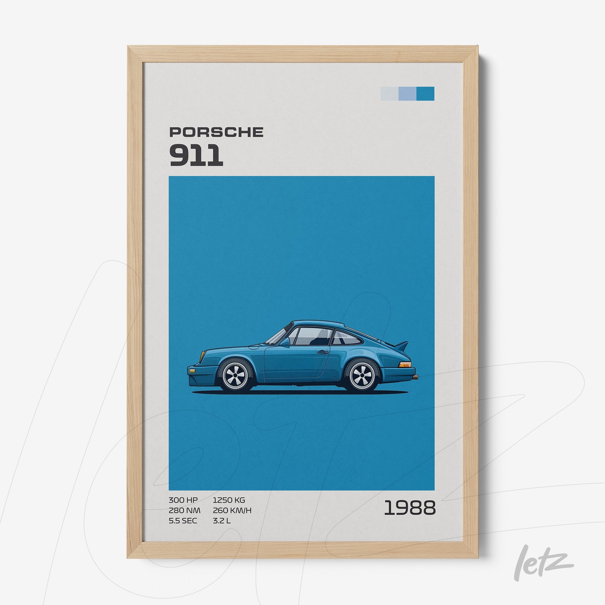 framed digital art of a blue Porsche 911 sports car with light wood frame, featuring a blue background and graphic information