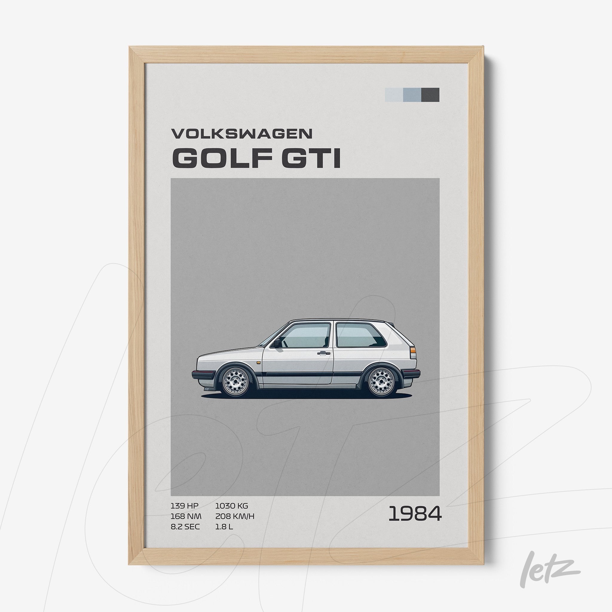 framed digital art of 1984 Volkswagen Golf GTI with light wood frame
