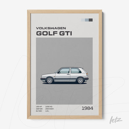 framed digital art of 1984 Volkswagen Golf GTI with light wood frame