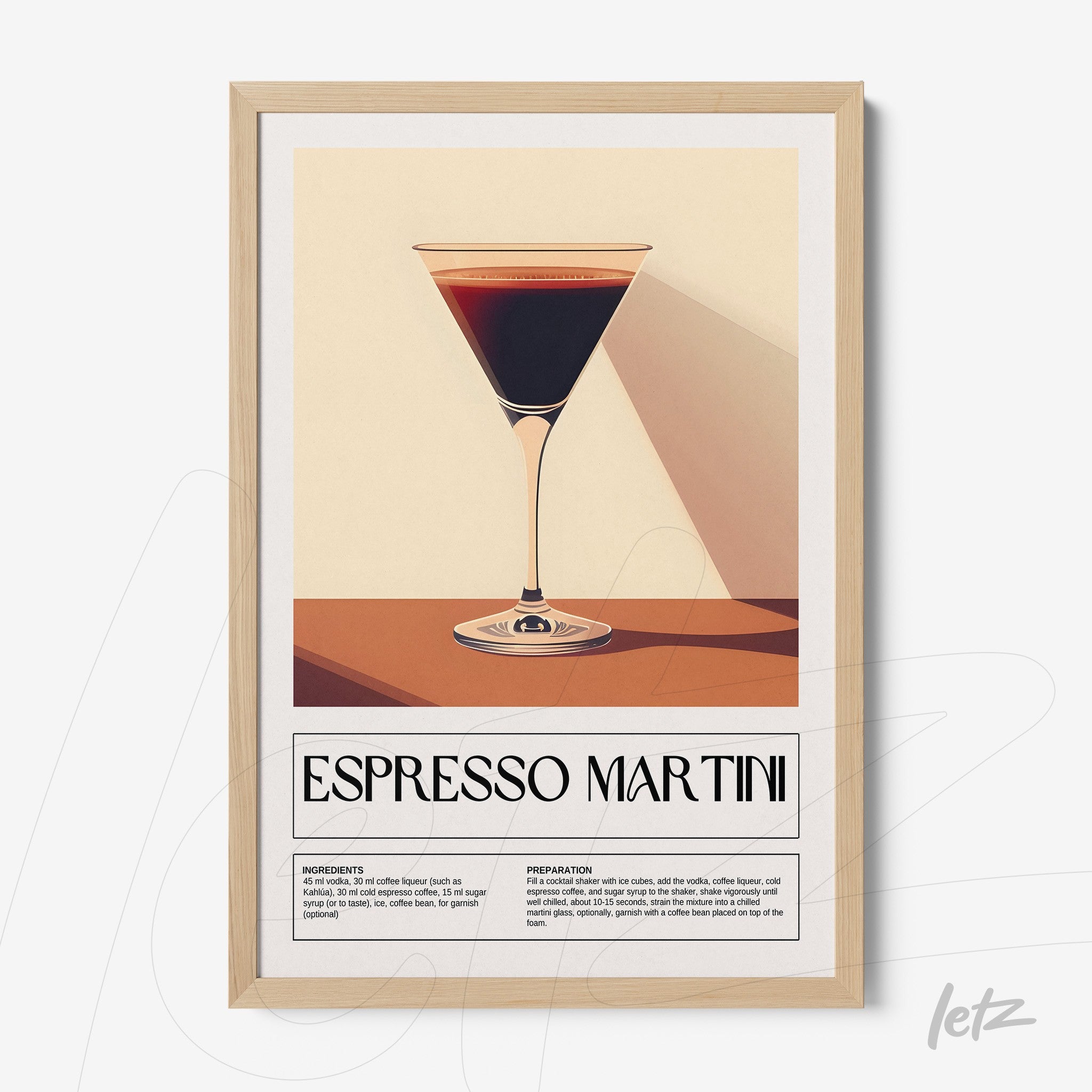 framed wall art of espresso martini cocktail with neutral background and light frame