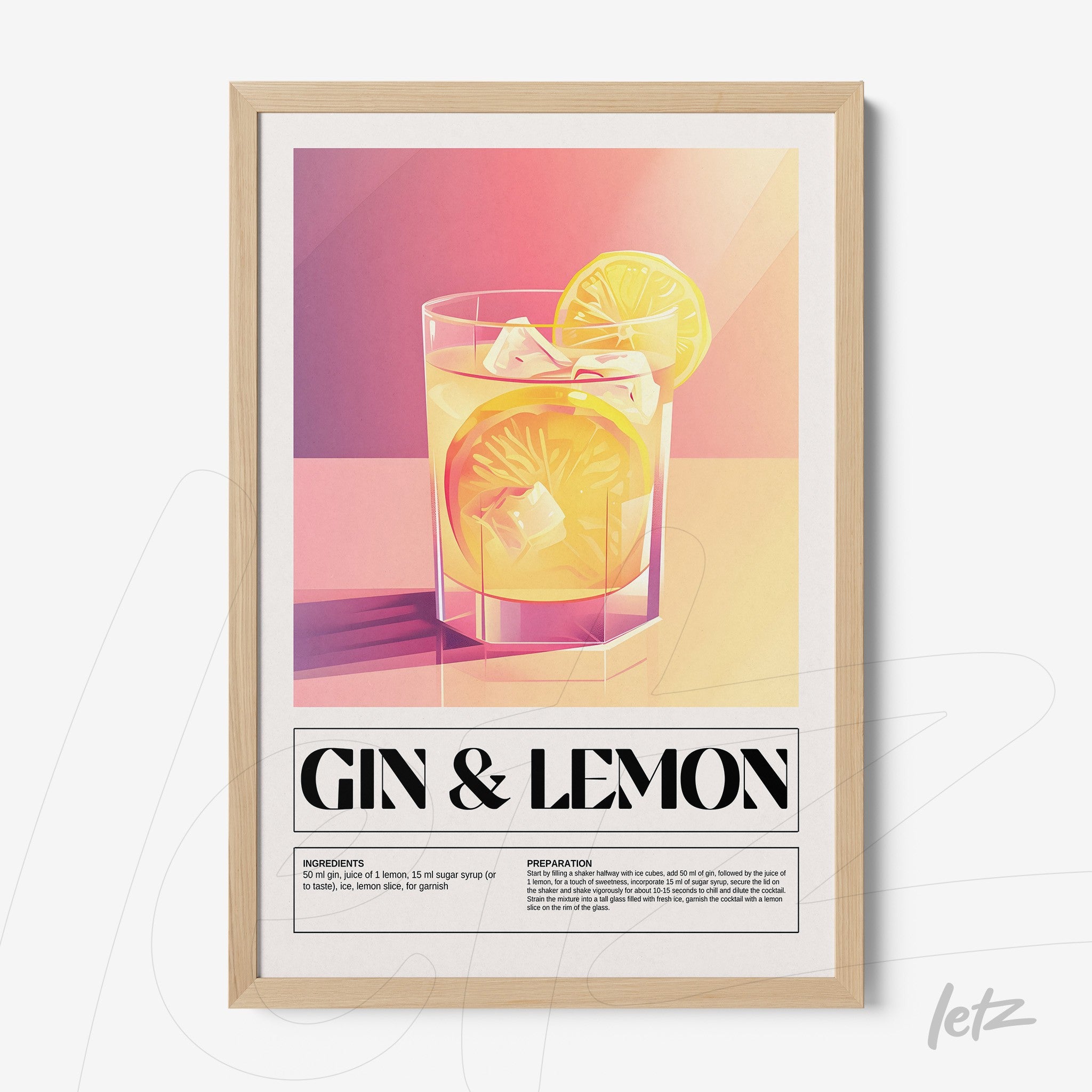 framed digital art of gin and lemon cocktail with light wood frame