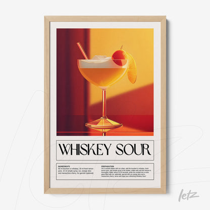 vintage style framed art of whiskey sour cocktail with light frame and red background