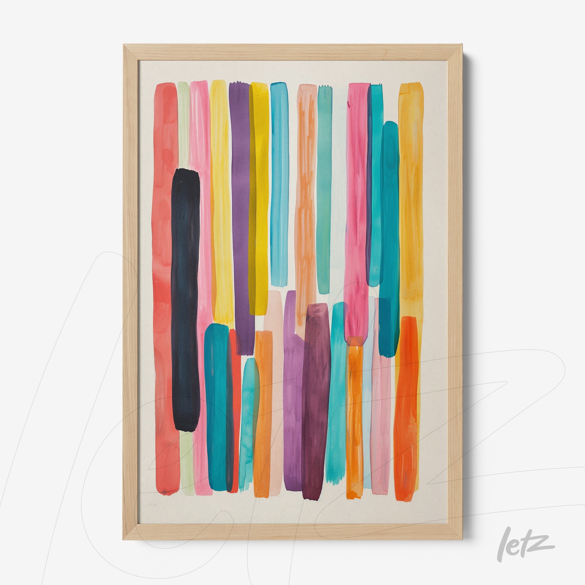 framed wall art featuring vibrant abstract colors on a light wood frame