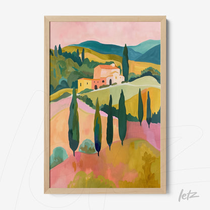 framed wall art featuring a modern landscape with a house surrounded by cypress trees under a pink sky