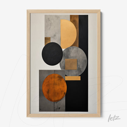 framed abstract art featuring geometric shapes in shades of orange, black, and gray with light wood frame