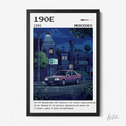 digital artwork of a Mercedes-Benz 190E in pixel art style with a black frame
