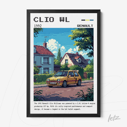 pixel art poster featuring the 1992 renault clio williams car displayed in a black frame