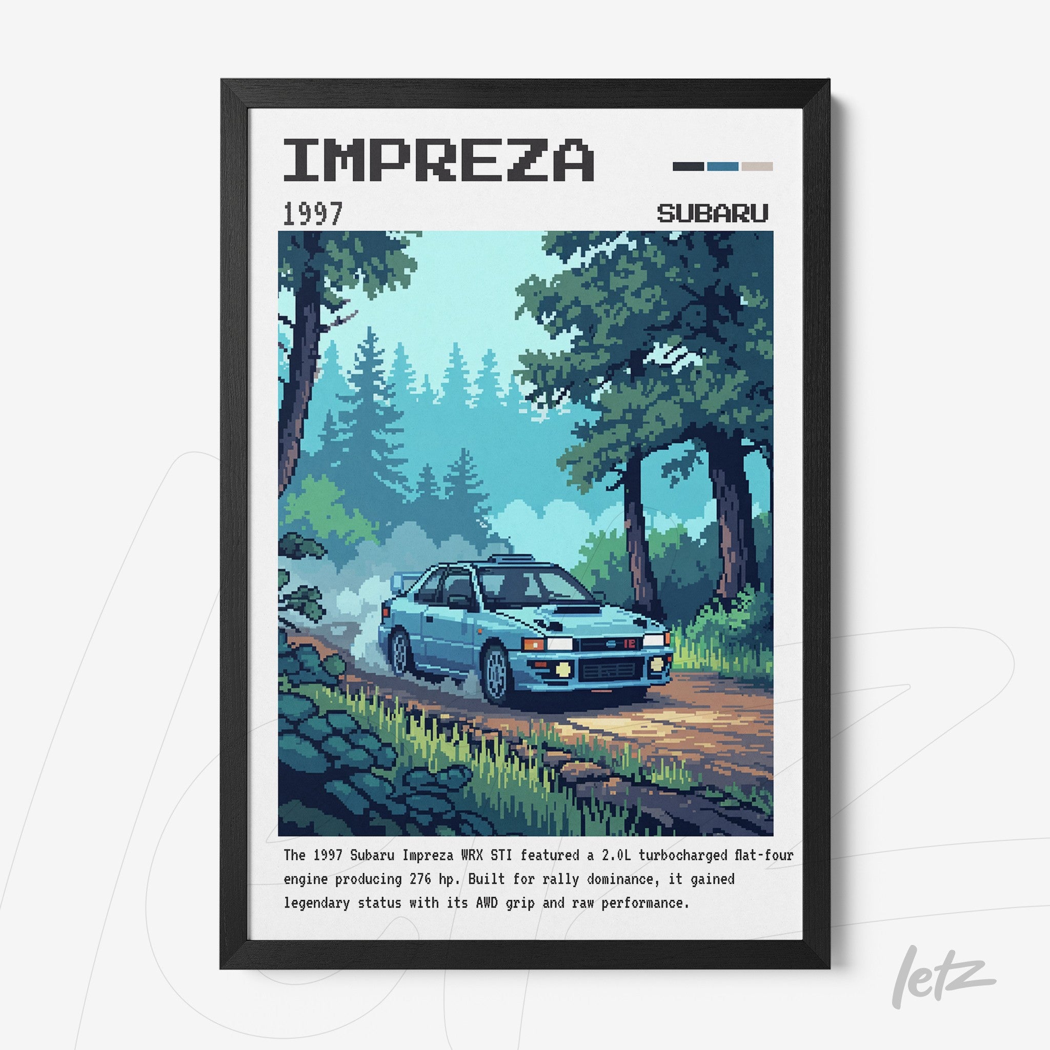 pixel art framed wall art of 1997 Subaru Impreza in black frame