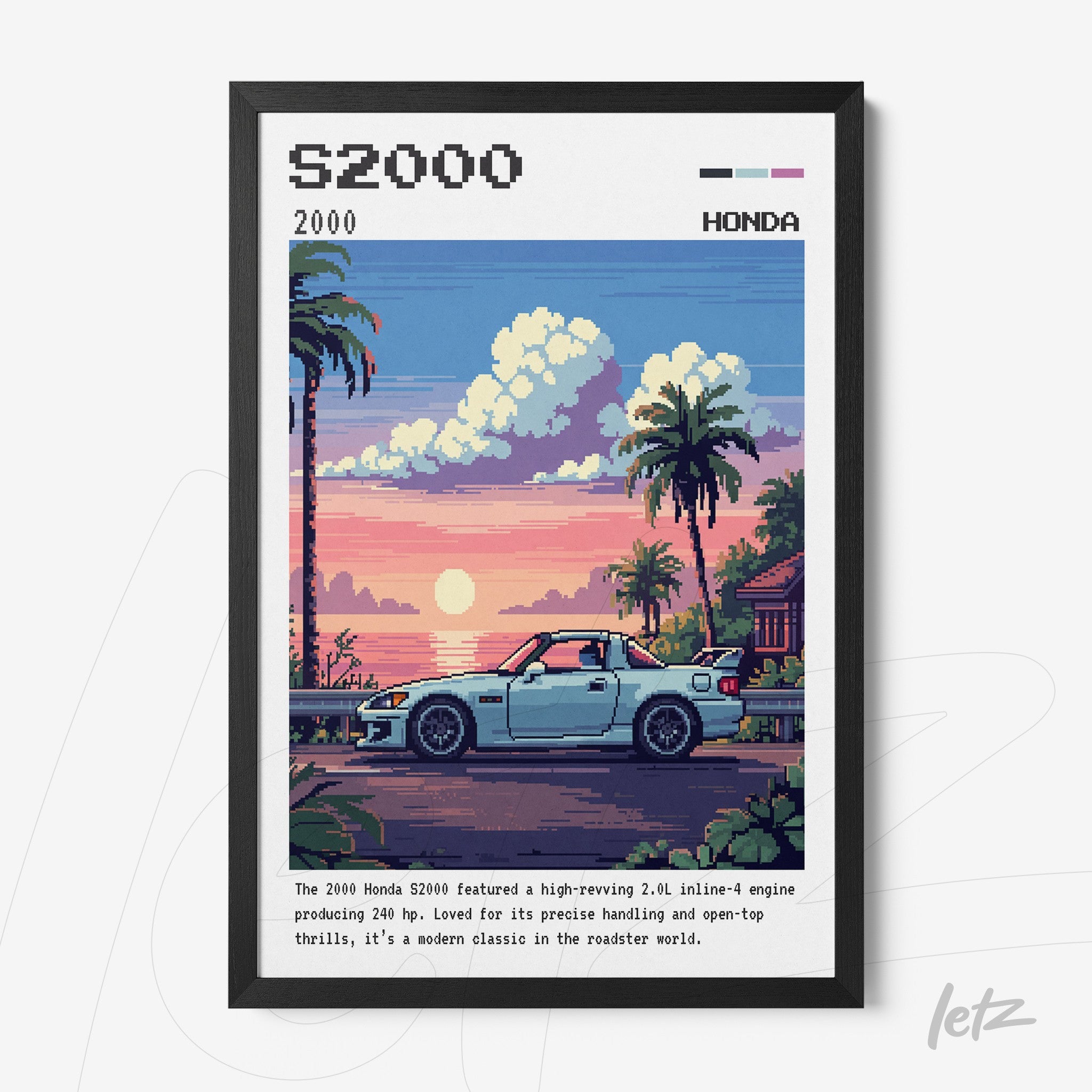 pixel art framed wall art of a Honda S2000 sports car in a tropical landscape with palm trees