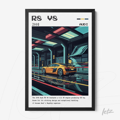 framed pixel art illustration of orange Audi R8 V8 car in a futuristic setting