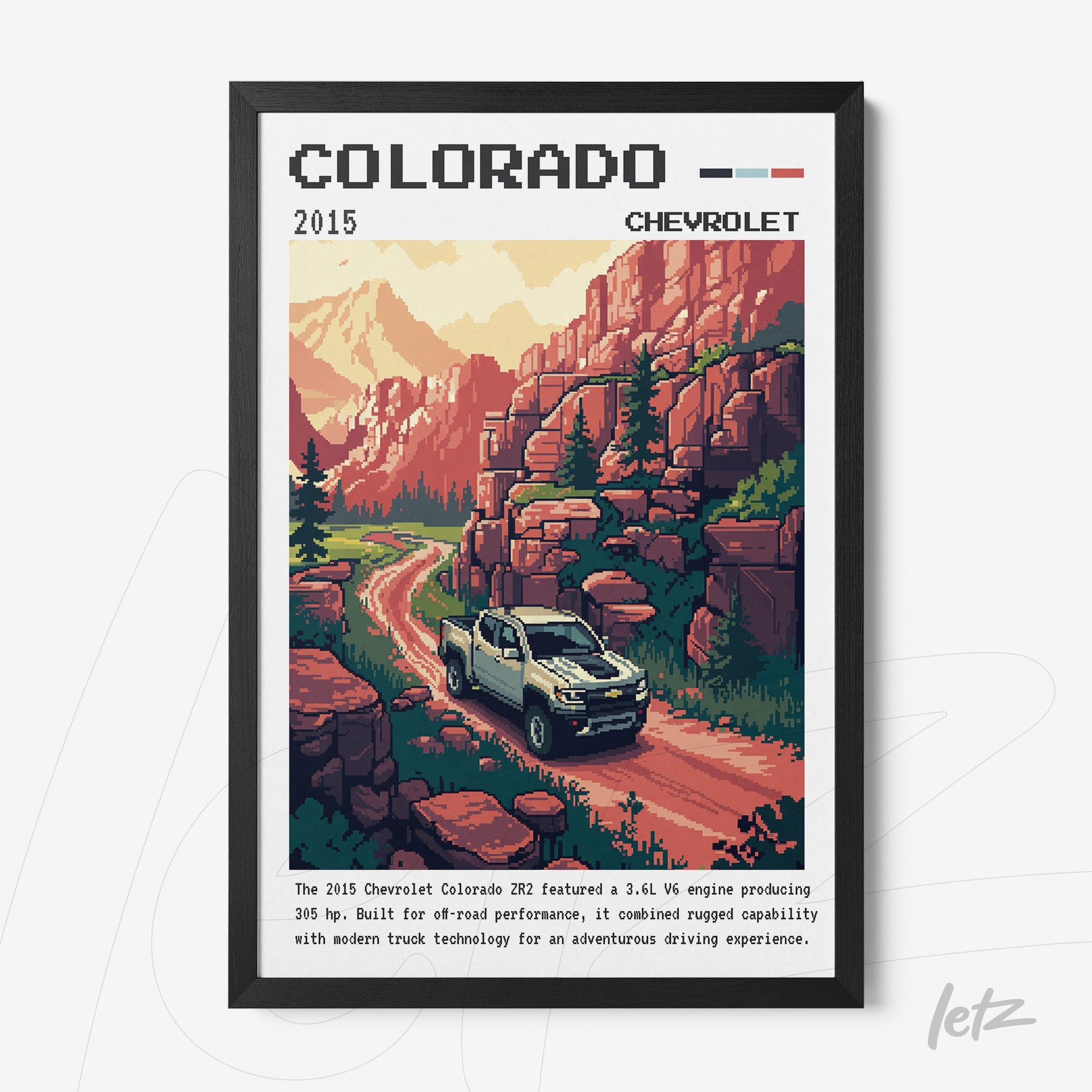 retro style framed art of a Chevrolet Colorado truck on a mountain road