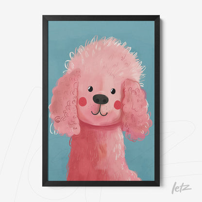 framed art featuring a pink poodle illustration with black frame