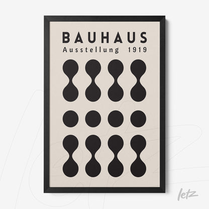 poster featuring geometric art inspired by the Bauhaus movement of 1919, with black shapes on a beige background, framed with black border