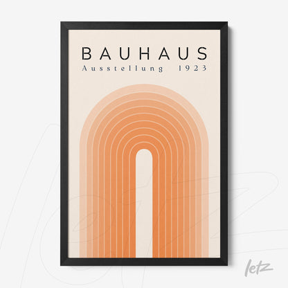 minimalist poster print featuring concentric orange arches with 'bauhaus ausstellung 1923' text at the top, framed in a thin black frame