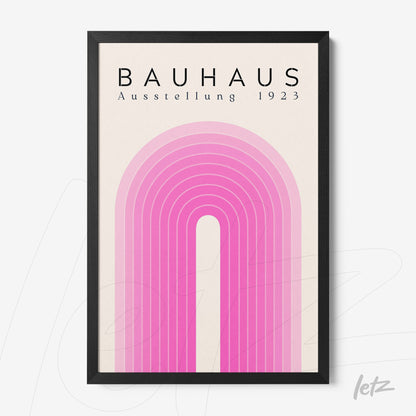 framed graphic art in Bauhaus style featuring pink arches on a beige background with black frame