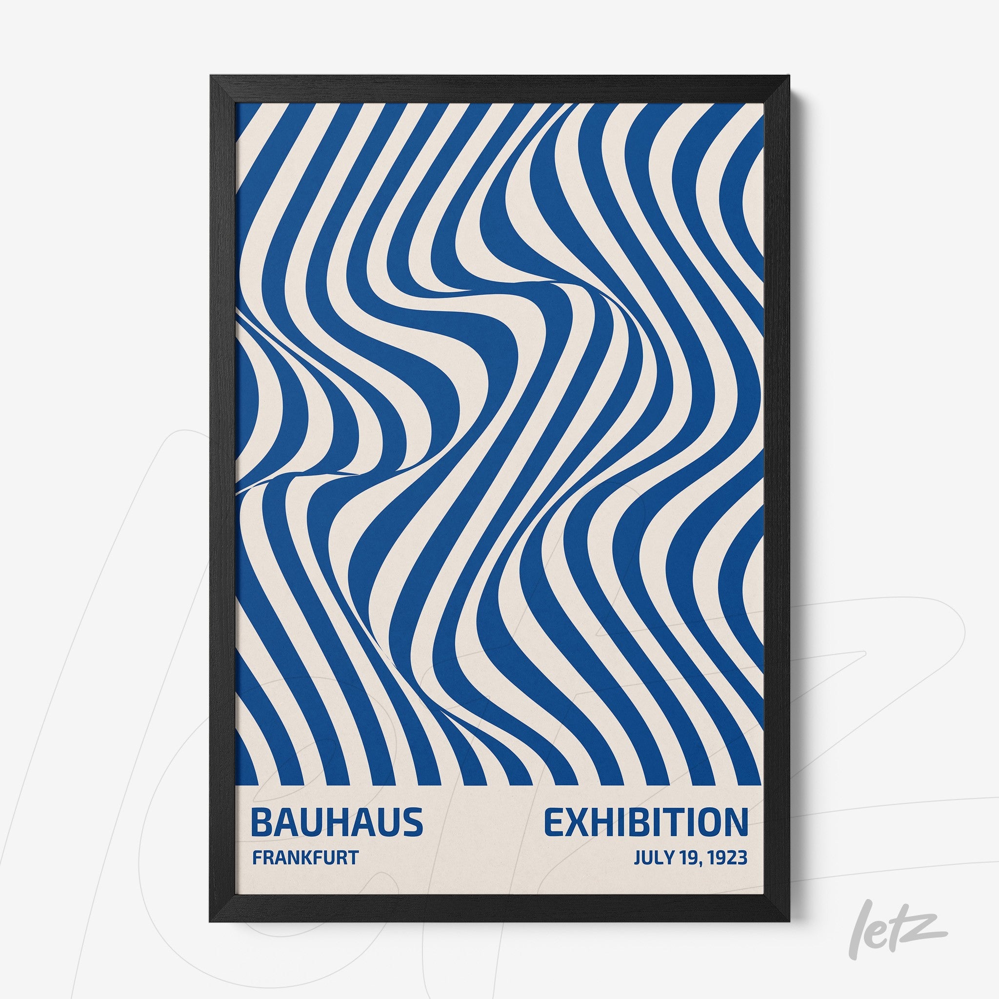 poster print featuring blue wavy lines on beige background with thin black frame