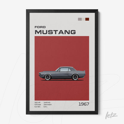 framed wall art of 1967 Ford Mustang in black frame with red background