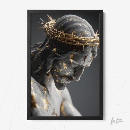 framed artwork of a sculpture of Christ featuring gold leaf details and a crown of thorns with a black frame