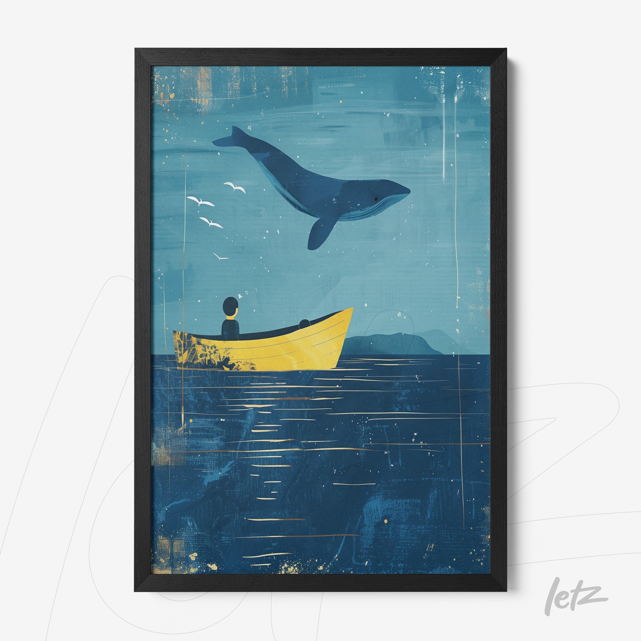 framed wall art featuring a digital illustration of a whale jumping over a yellow boat against a blue background