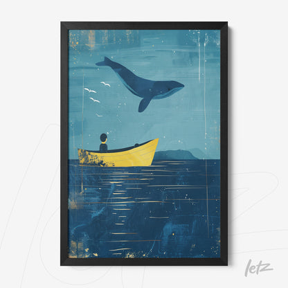 framed wall art featuring a digital illustration of a whale jumping over a yellow boat against a blue background