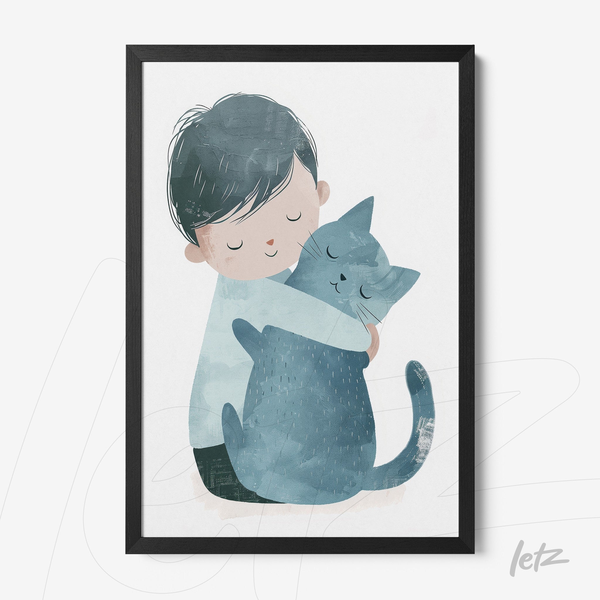 framed wall art depicting a boy hugging a blue cat with a black frame