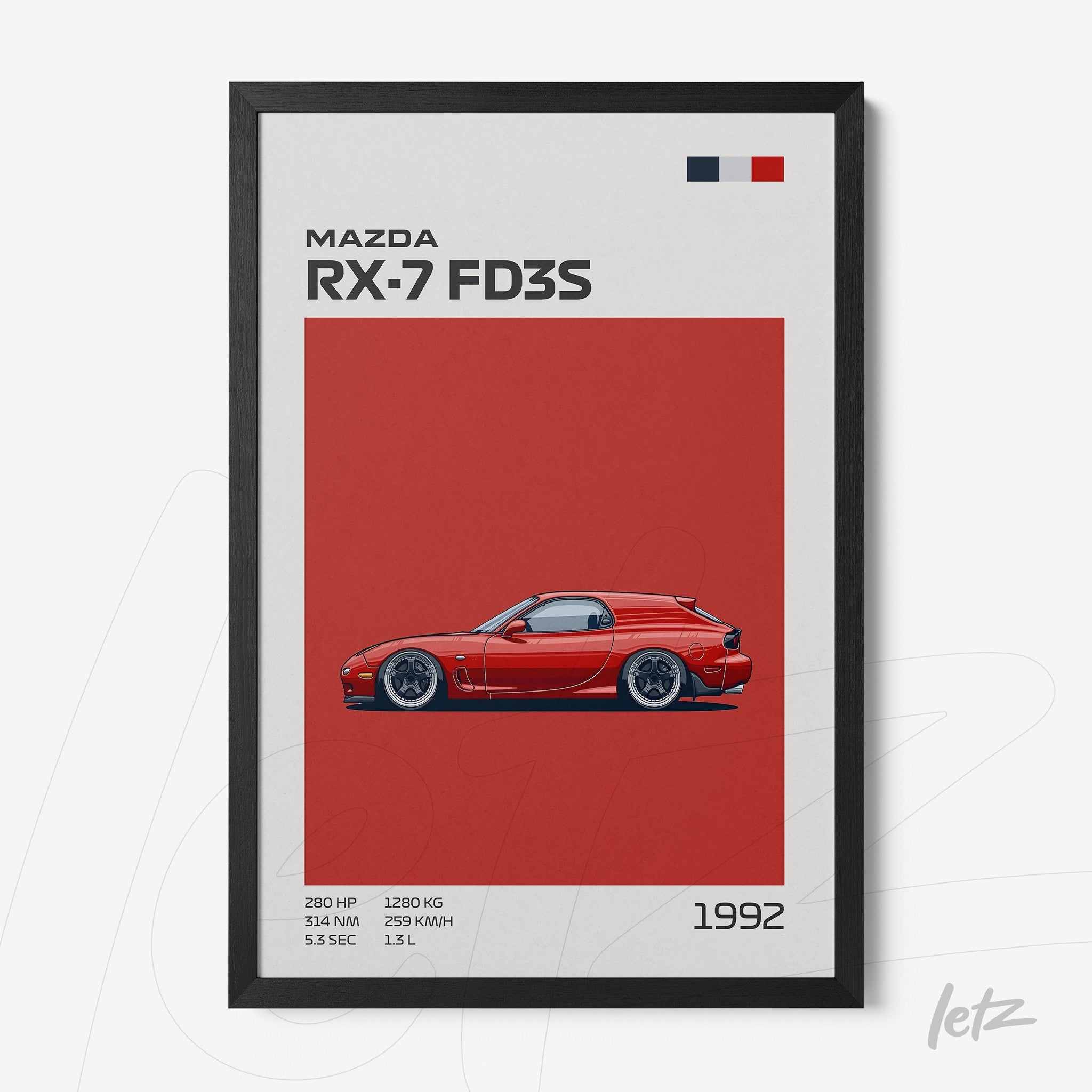 framed art featuring a stylized illustration of the Mazda RX-7 FD3S on a red background with black frame