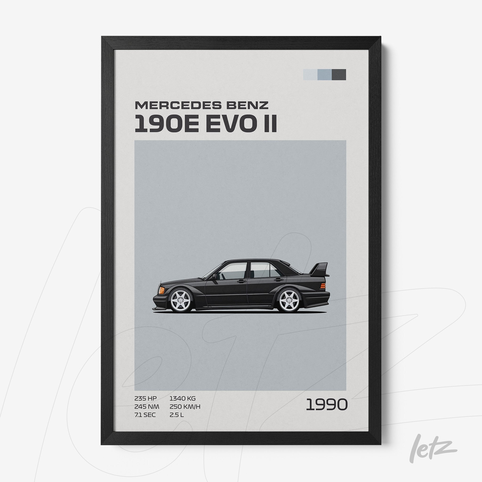 framed graphic art of the Mercedes Benz 190E EVO II with a black frame