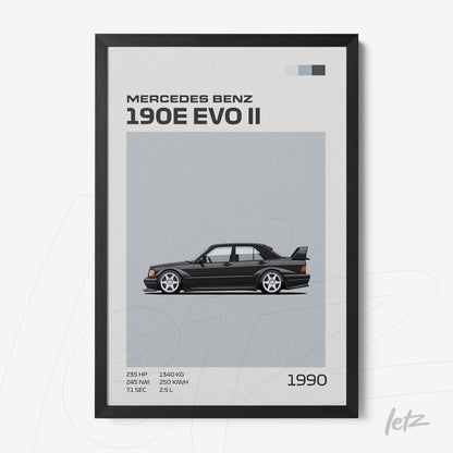 framed graphic art of the Mercedes Benz 190E EVO II with a black frame