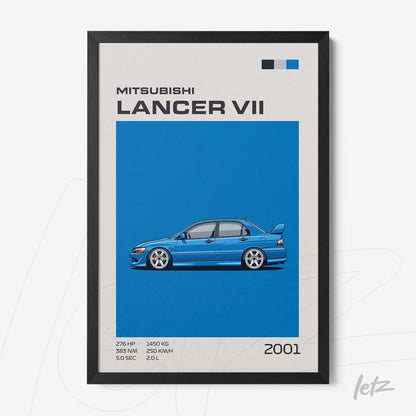 framed artwork featuring the Mitsubishi Lancer VII on a blue background with black frame