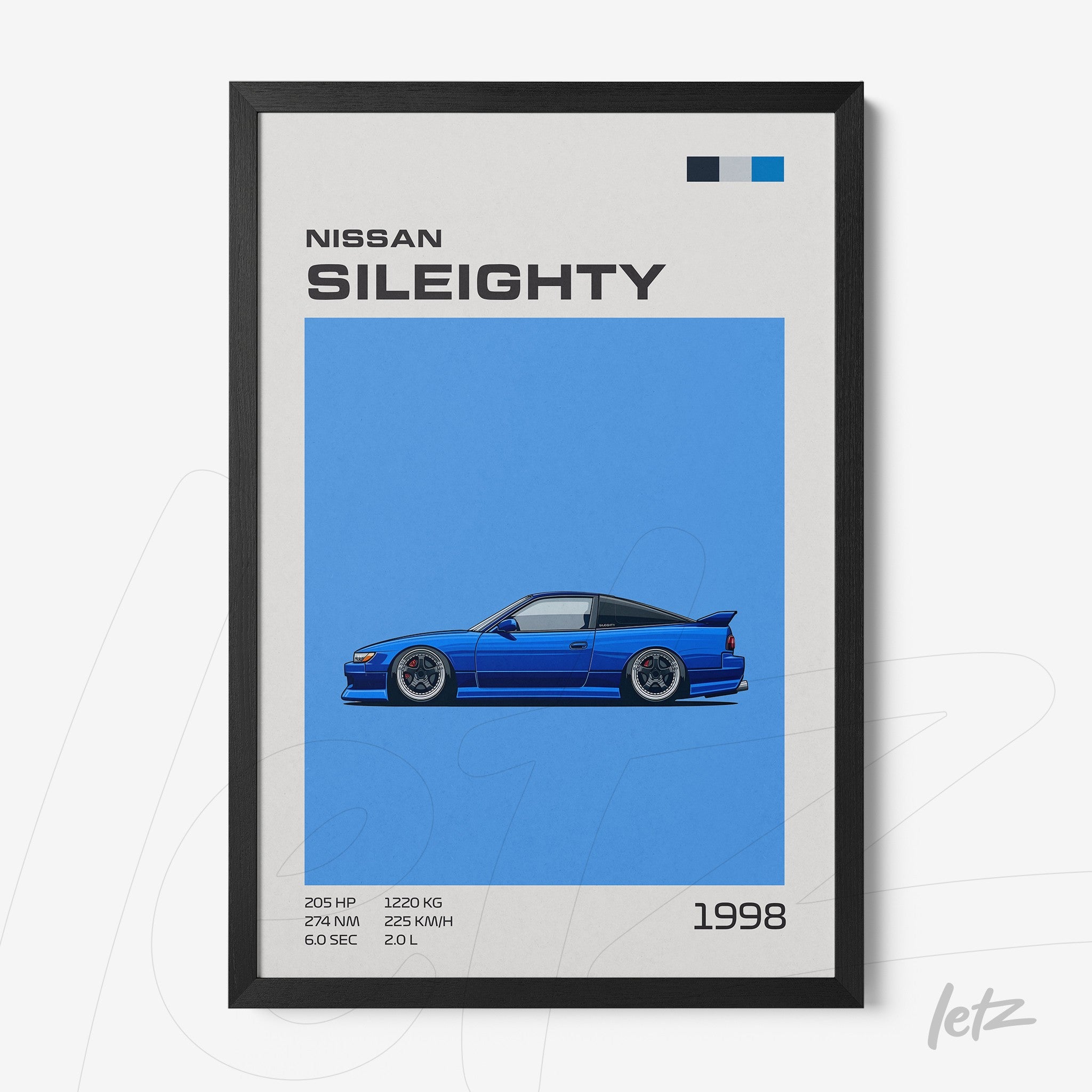 framed artwork featuring a digital illustration of a Nissan Sil80 car against a blue background with technical specifications displayed
