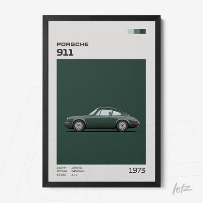 framed minimalist art of 1973 Porsche 911 in black frame