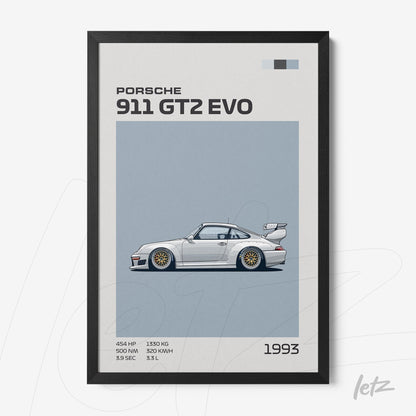 framed illustration of Porsche 911 GT2 EVO in black frame, featuring technical details on light blue background