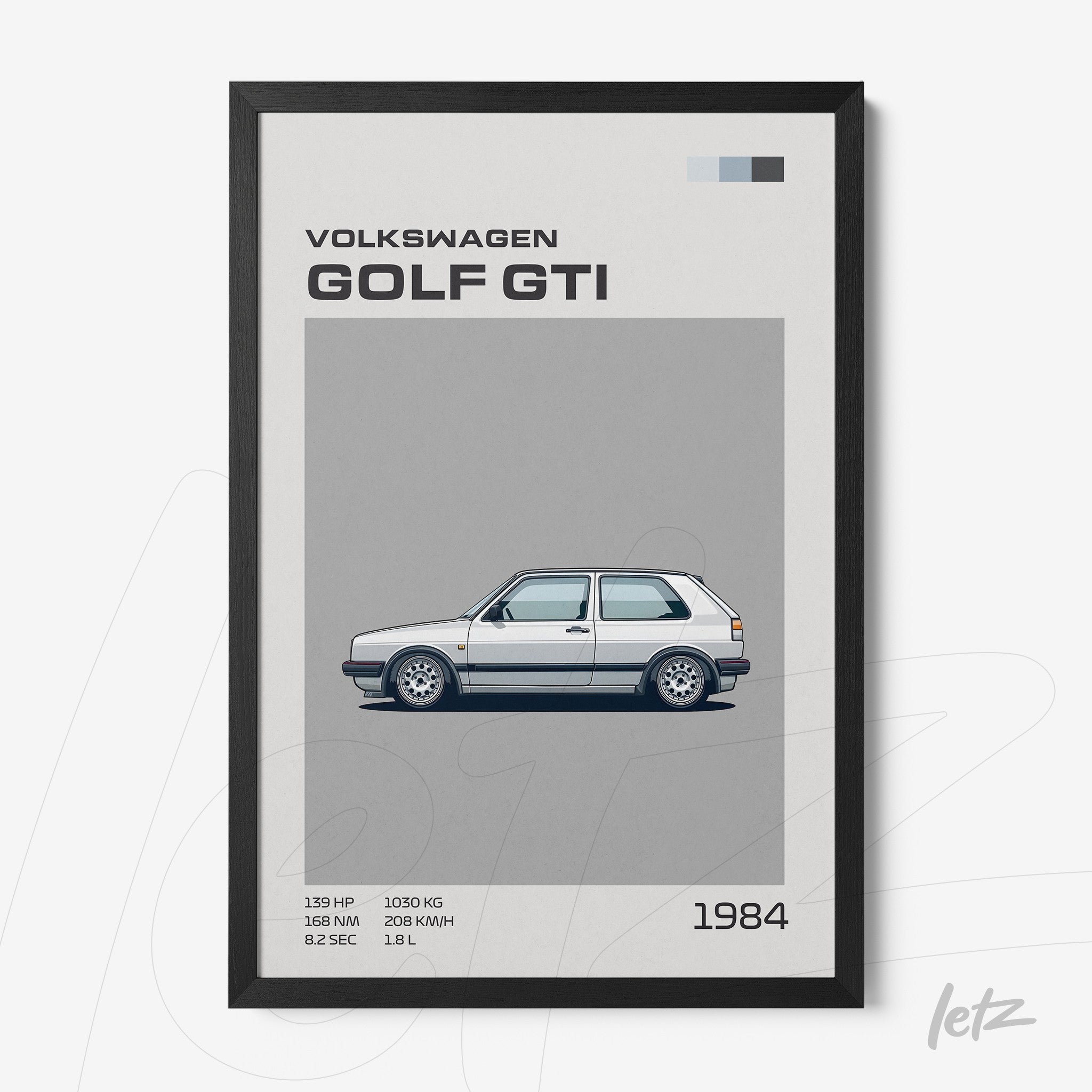 framed wall art featuring a minimalist illustration of the 1984 Volkswagen Golf GTI on a gray background