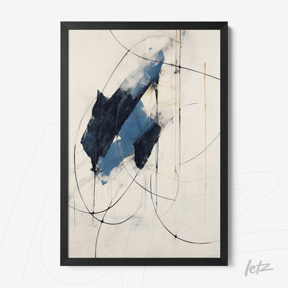 abstract wall art with blue and black strokes in black frame