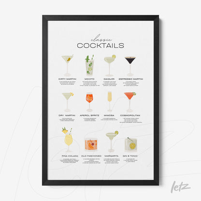 framed wall art featuring illustrations of classic cocktails with nine drink designs on a light background