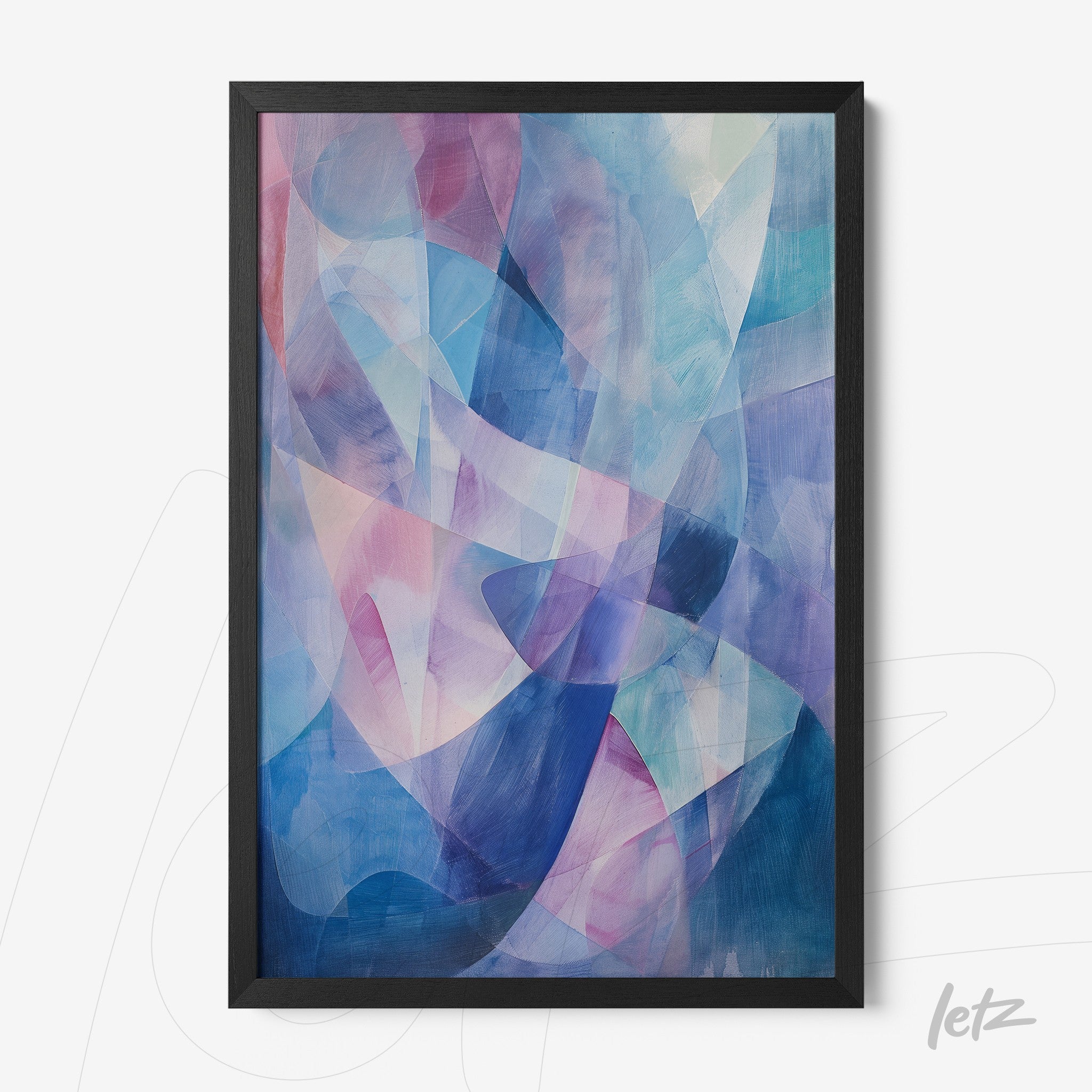 framed abstract art featuring soft shapes in shades of blue and pink