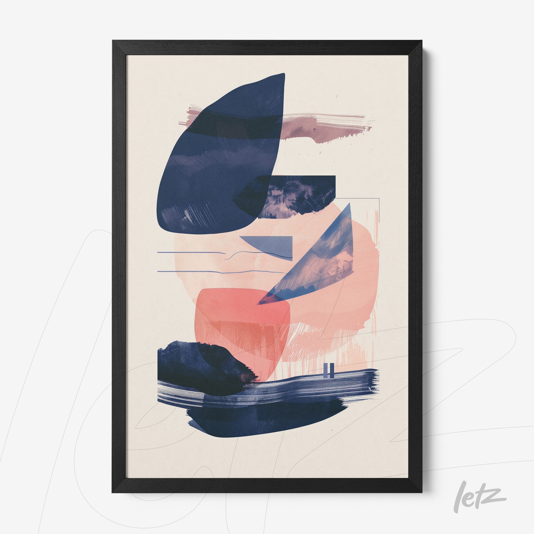 abstract wall art in shades of blue and pink with black frame