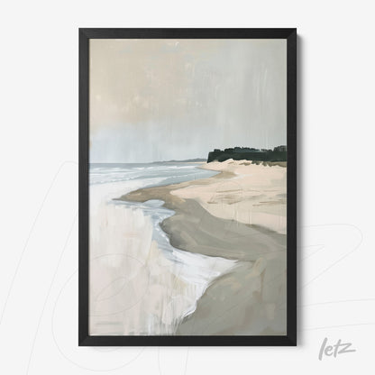 framed artwork depicting a beach landscape with sand and ocean in black frame