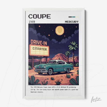 retro-style framed art of a 1949 mercury coupe car in a drive-in landscape under a full moon with white frame
