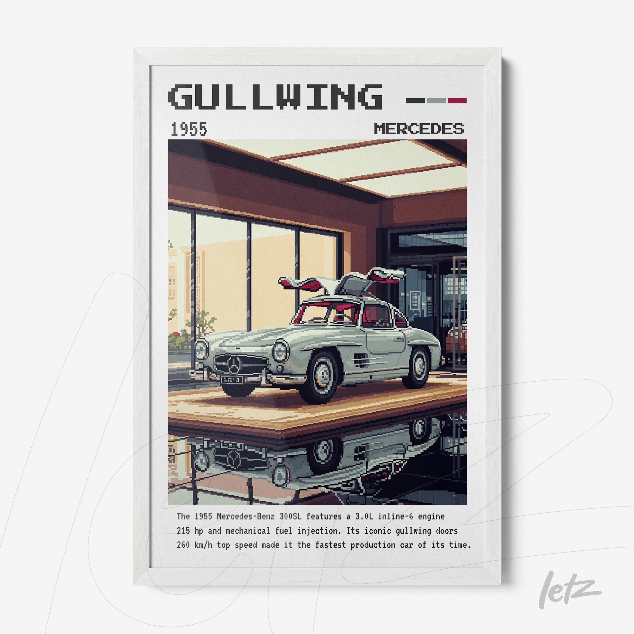 retro style framed artwork of the 1955 Mercedes-Benz 300SL Gullwing with a white frame
