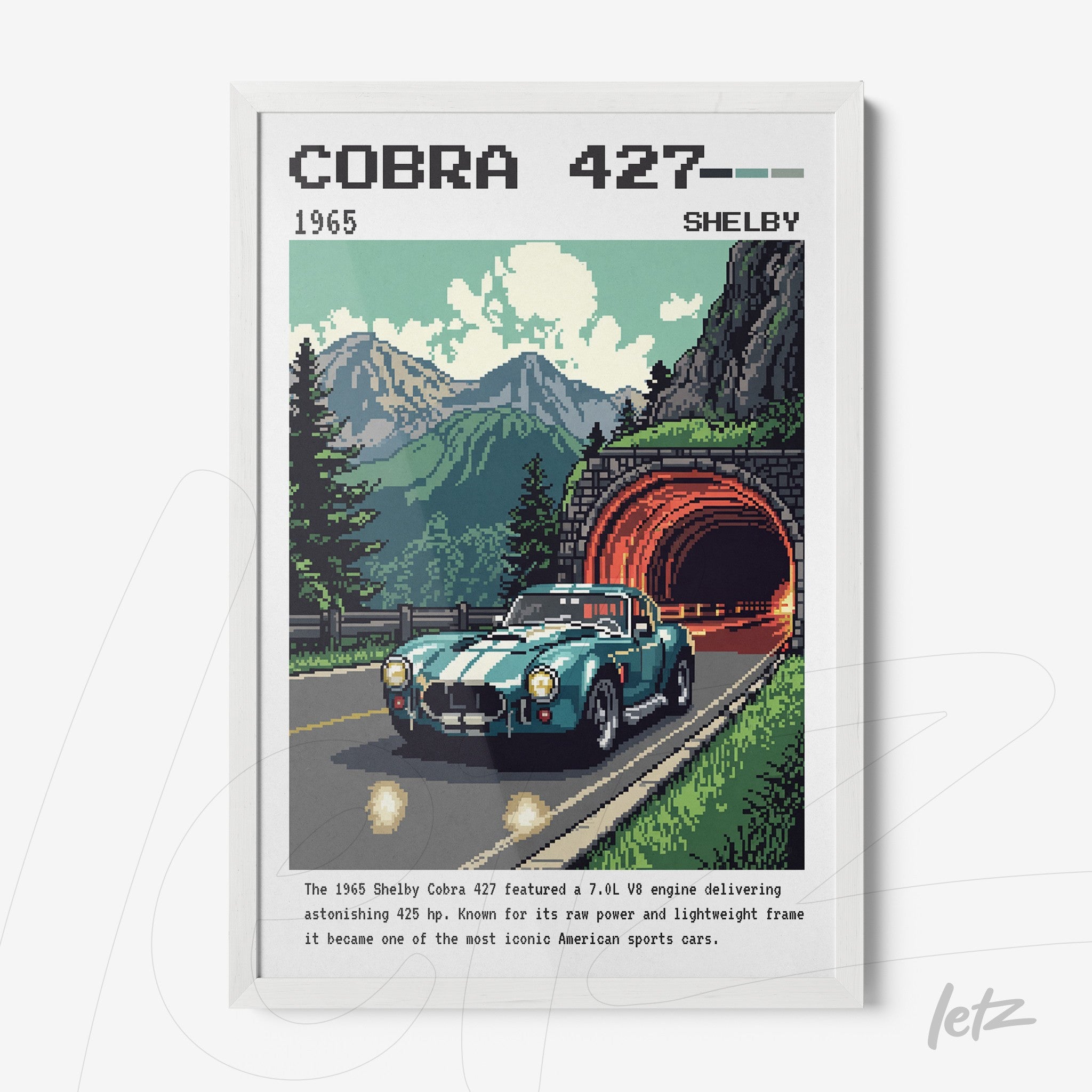 framed pixel art print of the Shelby Cobra 427 car with a mountainous background and a tunnel, featuring vibrant colors