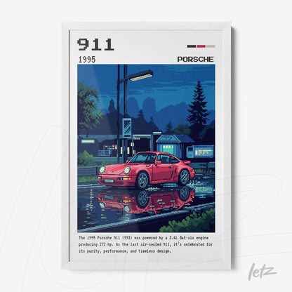 framed digital art of a red Porsche 911 car reflecting in the water beside a lit street at night with a white frame