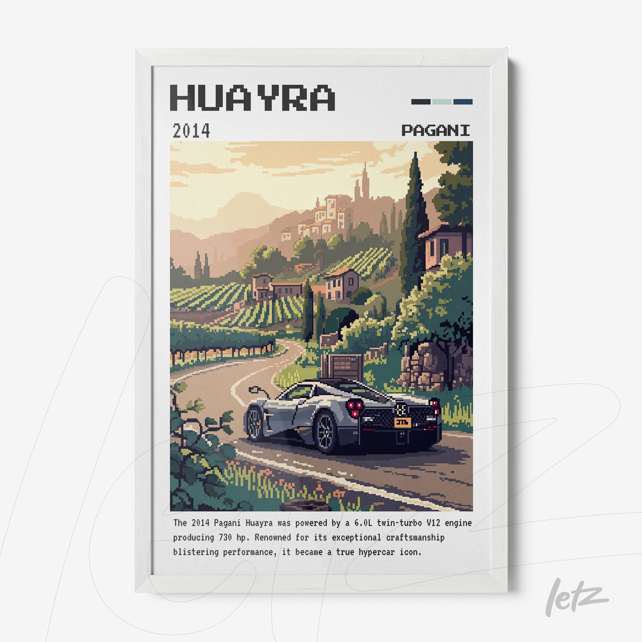 framed pixel art of the Pagani Huayra sports car on a rural road with vineyards in the background and a clear sky
