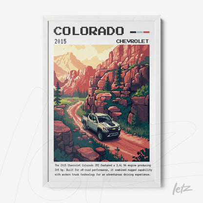 retro style framed art of a Chevrolet Colorado truck on a mountain road