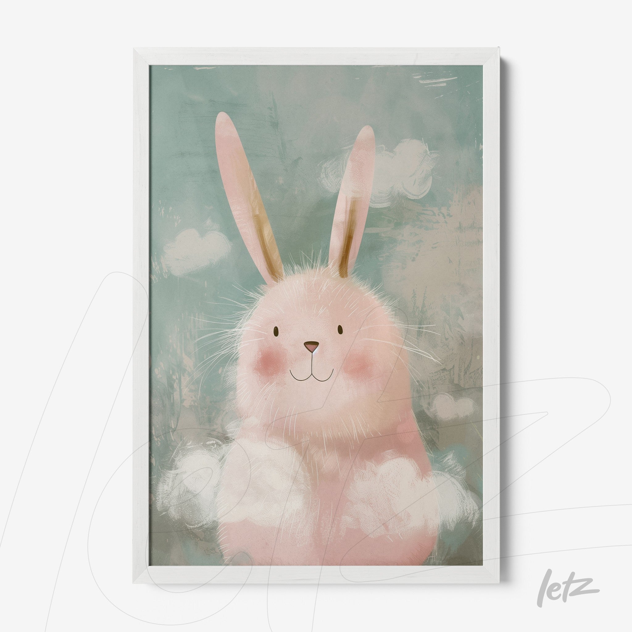 framed digital art of a pink bunny with fluffy white clouds against a light blue background