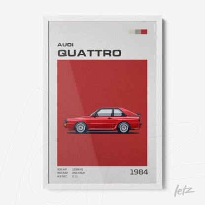framed retro illustration of Audi Quattro in red background with white frame