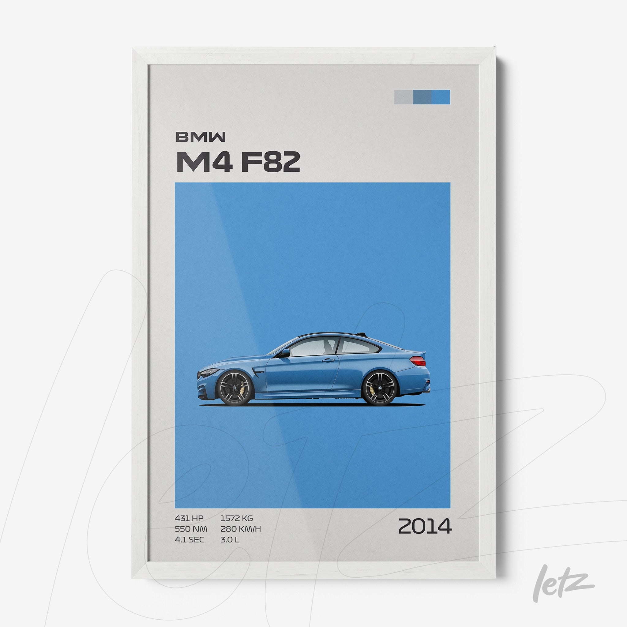 minimalist wall art featuring a blue BMW M4 F82 car with white frame and light blue background