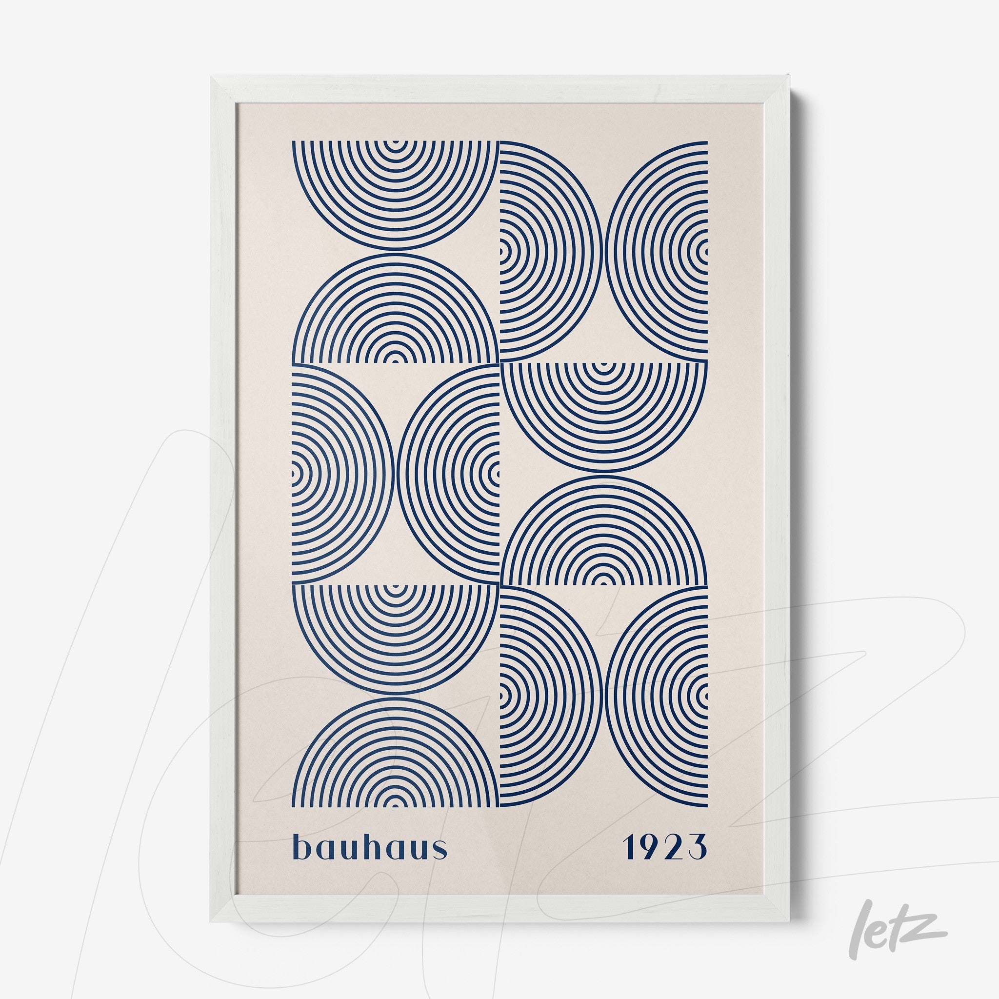 poster featuring geometric design of blue concentric circles in a white frame
